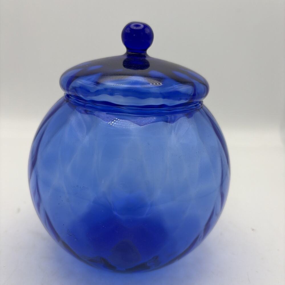PRINCESS HOUSE Crystal #371 Cobalt Blue Optic Glass Handblown Jar w/Lid & Label